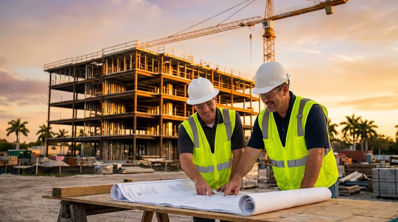 Construction workers reviewing plans at a Florida job site